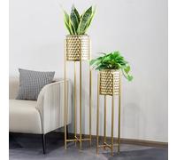 TRIROCKS Set of 2 Morden Metal Gold Planters With Stand for Plants 104 & 74 cm Tall Flower Pots for Indoor Outdoor Living Room Corner Kitchen Office Garden Balcony Patio Decor