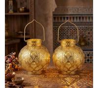 TRIROCKS Set of 2 Moroccan Battery Operated Table Lamps, 28cm Gold Metal Cordless Lanterns with LED Bulb Included, Hanging or Tabletop Decor for Living Room Wedding Party