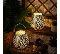 TRIROCKS Set of 2 Moroccan Decorative Metal Table Lamps 26cm H Battery Powered Cordless Lanterns with Fairy Lights Bulb for Home Living Room Garden Yard Patio Party Events Indoor Outdoor (Gold)