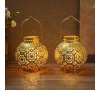TRIROCKS Set of 2 Moroccan Style Metal Table Lamp 18 cm H Battery Powered Cordless Lanterns with LED Fairy Lights Bulb Perfect for Home Living Room Parties Tabletop Indoors (Gold)