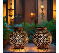 TRIROCKS Set of 2 Moroccan Style Metal Table Lamp 18 cm H Battery Powered Cordless Lanterns with LED Fairy Lights Bulb Perfect for Home Living Room Parties Tabletop Indoors (Brown)