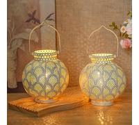 TRIROCKS Set of 2 Moroccan Style Metal Table Lamp 18cm High Battery Powered Cordless Lamp with LED Lights Bulb Perfect for Home Living Room Parties Tabletop Indoors (Milky White)