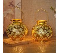 TRIROCKS Set of 2 Moroccan Style Metal Table Lamp 18cm High Battery Powered Cordless Lamp with LED Lights Bulb Perfect for Home Living Room Parties Tabletop Indoors (Gold)