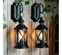 TRIROCKS Set of 2 Outdoor Vintage Battery Powered Hanging Lantern 26cm Tall Decorative Wall Light Sconces LED Edison Table Lamp Lights with Hook for Home Decor Wedding Parties Indoor Outdoor(Black)