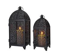 TRIROCKS Set of 2 Vintage Decorative Candle Holder 42 & 31cm High Metal Hanging Lantern with Hollow Pattern for Living Room Garden Parties Indoors (Black)
