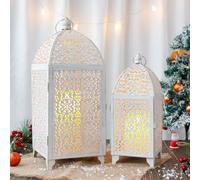 TRIROCKS Set Of 2 Vintage Decorative Candle Holder 42cm High Metal Hanging Lantern With Hollow Pattern For Living Room Garden Parties Events Indoors Outdoors(White With Gold Brush)