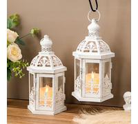 TRIROCKS Set of 2 Vintage Decorative Lanterns 24.5 cm H Hanging Lantern Metal Candleholder with Tempered Glass for Indoor Outdoor Home Decor Parties Garden Events Wedding(White with grey Brush)