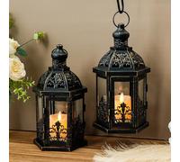 TRIROCKS Set of 2 Vintage Decorative Lanterns 24 cm H Hanging Lantern Metal Candle Holder with Tempered Glass for Indoor Outdoor Home Decor Parties Garden Patio FarmhouseTabletop Events Wedding(Black)