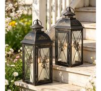 TRIROCKS Set of 2 Vintage Hanging Lantern 34cm Decorative Metal & Tempered Glass Candle Holder - Ideal for Indoor/Outdoor Events, Patio, Garden, Parties Black & Gold Brush Finish