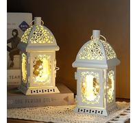 TRIROCKS Set of 2 White Battery Operated Lanterns, 20 cm, LED Fairy Lights | Vintage metal and tempered glass design with built-in fairy lights; each cordless lantern uses 3 AAA batteries, not included