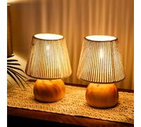 TRIROCKS Set of 2 Woven Cotton Rope Table Lamp 20cm Tall Cordless Battery Powered Lamps with Wooden Base Boho Lamps for Living Room Bedroom Weddings Parties Patio Events