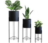 TRIROCKS Set of 3 Black Metal Planters with Stands, Tall Indoor Plant Pots