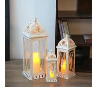 TRIROCKS Set of 3 Decorative Candle Lanterns 56cm&41cm&28cm High Vintage Metal Candle Holders for Garden Yard Patio Wedding Parties Events Indoors Outdoors(Beige with Gold Brush)