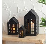 TRIROCKS Set of 3 House Vintage Metal Hanging Lanterns 34cm & 23.5cm & 13.5cm H Decorative Candle Holders for Garden Yard Patio Wedding Parties Events Indoor Outdoor (Black)