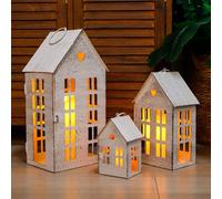 TRIROCKS Set of 3 House Vintage Metal Hanging Lanterns 34cm & 23.5cm & 13.5cm H Decorative Candle Holders for Garden Yard Patio Wedding Parties Events Indoor Outdoor (Cream White)