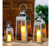 TRIROCKS Set of 3 Stainless Steel Candle Lanterns 52cm & 41cm & 30cm H Decorative Candle Holders with Tempered Glass for Indoor Outdoor Porch Garden Parities Wedding Events (Silver)