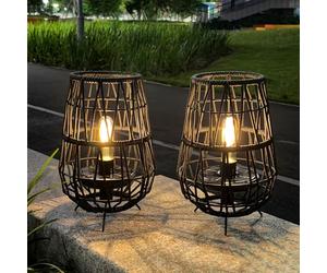 TRIROCKS Solar Lights Outdoor Garden, 2 Pack 30cm High Solar Lanterns with Olefin Rope, Waterproof Solar Garden Ornaments, Cordless Table Lamp for Patio, Lawn, Yard, Outdoor Decoration (Black)
