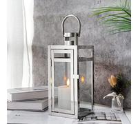 TRIROCKS Stainless Steel Decorative Lantern 30cm High Metal Hanging Candle Holder with Clear Glass Panels Perfect for Home Decor Living Room Parties Events Tabletop Indoors Outdoors (Silver)