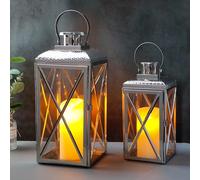 TRIROCKS Stainless Steel Lantern 46 & 36 cm H Set of 2-Square Elegance Metal Candle Lanterns Candle Holder with Tempered Glass for Home Garden Indoor Outdoor Decor Celebratory
