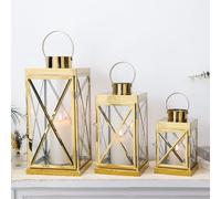 TRIROCKS Stainless Steel Lanterns Set of 3-Square Elegance 40&31&21cm Opulent Metal Candle Holders with Handle Loop Clear Glass Panels for Outdoor Decor Celebratory(Gold)