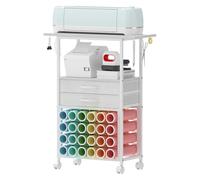 Trironsun Organization and Storage Craft Cart Compatible with Cricut Machines Rolling Craft Organizer with 24 Vinyl Roll Holders and 2 Fabric Drawer Crafting Cabinet for Craft Room (White)