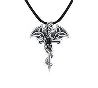 TRISHULA Dragon Necklace S925 Sterling Silver Dragon Pendant Celtic Knot Sword Necklace Dragon Jewelry for Men
