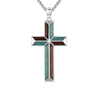 TRISHULA Kreuz Halskette für Herren 925er Sterling Silber Wooden Turquoise Cross Necklace Christian Religious Protection Jewelry Gifts for Women