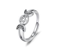 TRISHULA Triple Moon Goddess Ring 925 Sterling Silver Celtic Knot Adjustable Amulet Wicca Pentagram Ring Jewelry Gifts for Women Her Girlfriend Wife