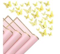 Trisoye 20 Sheets Gold Edge Flower Wrapping Paper With 48 Pcs 3D Gold Butterfly Stickers, Florist Bouquet DIY Craft
