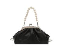 Tristan Home Elegant Evening Clutch Purse with Pearl Handle, Black Satin, Kiss Lock Closure, Chain Strap