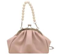 Tristan Home Evening Clutch Purse with Pearl Handle, Pink Satin, Kiss-Lock Closure, Detachable Chain Strap Small
