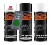 TRISTARcolor Car paint Spray can set for plastic bumper for John Deere V 6660 Green Agrar Primer base coat clear coat with plasticizer spray can
