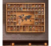 Tristcily Large World Map Shot Glass Display Case 60 Slots 34 x 26'' Rustic Brown Wood Holder for 2 Different Size Shot Glasses Shelf Organizer Wall Mount Storage Shadow Bar Cabinet