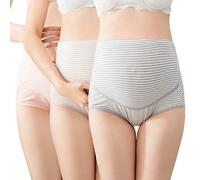 TRISTIN Cotton 3 Pack Pregnancy Maternity Overbump Smile High Waist Adjustable Underwear Knickers/Nursing Briefs, 14-16, Nude+pink+gray(3 Pack Striped)