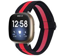 TRISTRAPS Nylon Watch Strap Compatible with Fitbit Versa 3/Sense Strap,Soft Elastic Breathable Replacement Sport Wristbands for Men/Women,18 Colours for Chosen (Black + red stripes classic)