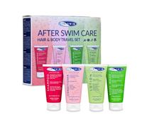TRISWIM Chlorine Removal Travel Cosmetics Set, 4x90 ml | After Swim Shampoo, Conditioner, Body Wash & Lotion | Removes Chlorine, Salt & Hard Water Minerals | Hydrates Hair and Skin