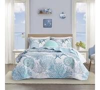 Tritard 3 Piece Coastal Quilt Sets Full/Queen Size - Reversible Microfiber Quilts with 2 Shams Soft Lightweight Beach Bedding Nautical Bedspread Coverlet Summer Comforter for All Season, 90''x96'', C1