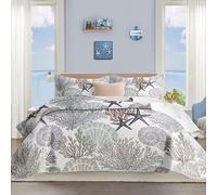 Tritard 3 Piece Coastal Quilt Sets King Size - Reversible Microfiber Quilts with 2 Shams Soft Lightweight Beach Bedding Nautical Bedspread Coverlet Summer Comforter Set for All Season, 106''x96'', C2