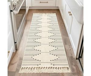 Tritard Boho Runner Rug 2x6 - Washable Area Rug for Hallway, Lightweight Farmhouse Aztec Cotton Rugs with Tassels Kitchen Bathroom Woven Low Pile Thin Carpet for Entryway, Bedroom, Beige Cream