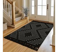 Tritard Boho Washable Area Rug 3x5 - Lightweight Woven Cotton Entryway Bedroom Throw Rugs with Tassels, Thin Farmhouse Aztec Carpet for Kitchen, Bathroom, Entrance, Living Room, Black and White