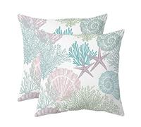 Tritard Nautical Coastal Throw Pillow Covers 18x18 Set of 2 Beach Themed Ocean Seashell Coral Starfish Velvet Couch Decorative Pillow Cases Outdoor Sofa Cushion Cover for Bedroom Living Room, Aqua
