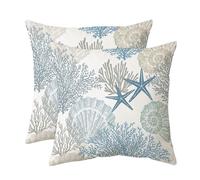 Tritard Nautical Coastal Throw Pillow Covers 18x18 Set of 2 Beach Themed Ocean Seashell Coral Starfish Velvet Couch Decorative Pillow Cases Outdoor Sofa Cushion Cover for Bedroom Living Room, Blue