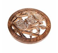 Trivet Pan Stand Hand Carved Eco Mango Wood, Owls 20cm