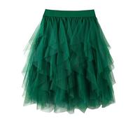 TRIWORKS Dark Green Tulle Skirt Women Irregular Elastic High Waist Layered Mesh Tulle Tutu Midi A-line Fairy Skirt Halloween Prom Party Ballet Bubble XL