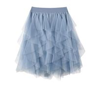 TRIWORKS Light Blue Tulle Skirt Women Irregular Elastic High Waist Layered Mesh Tulle Tutu Midi A-line Fairy Skirt Halloween Prom Party Ballet Bubble M
