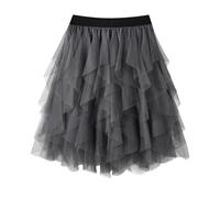TRIWORKS Light Grey Tulle Skirt Women Irregular Elastic High Waist Layered Mesh Tulle Tutu Midi A-line Fairy Skirt Halloween Prom Party Ballet Bubble XL