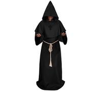 TRIWORKS Medieval Black Hooded Monk Robe Costume Friar Priest Robe Cloak Renaissance Costume Men Cosplay Halloween Wizard Cape