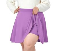TRIWORKS Plus Size Purple Mini Skater Skirt with Shorts Women's Basic A-Line Tennis Skirts Casual Stretchy High Waist Flared Pleated Skirt XXL