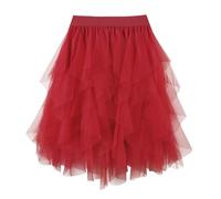 TRIWORKS Red Tulle Skirt Women Irregular Elastic High Waist Layered Mesh Tulle Tutu Midi A-line Fairy Skirt Halloween Prom Party Ballet Bubble M
