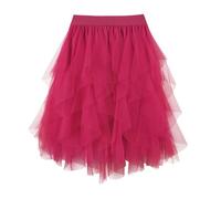 TRIWORKS Rose Red Tulle Skirt Women Irregular Elastic High Waist Layered Mesh Tulle Tutu Midi A-line Fairy Skirt Halloween Prom Party Ballet Bubble M